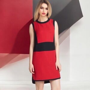 VINCE CAMUTO RED/BLACK COLOR-BLOCK Sheath Dress M